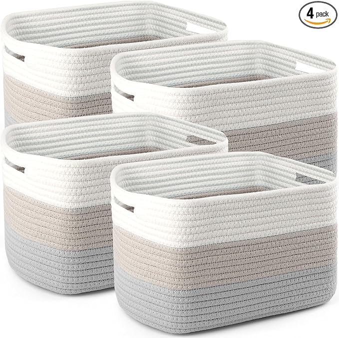 4 Pack Storage Baskets for Organizing, 12''Lx10''Wx8''H Woven Baskets for Storage Toys, Towels, Books, and Clothes, Cotton Rope Basket for Shelves with Handle (White & Grey)