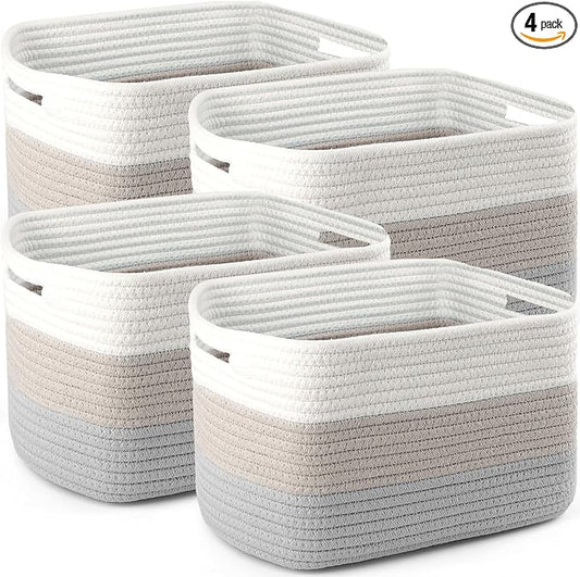 4 Pack Storage Baskets for Organizing, 12''Lx10''Wx8''H Woven Baskets for Storage Toys, Towels, Books, and Clothes, Cotton Rope Basket for Shelves with Handle (White & Grey)