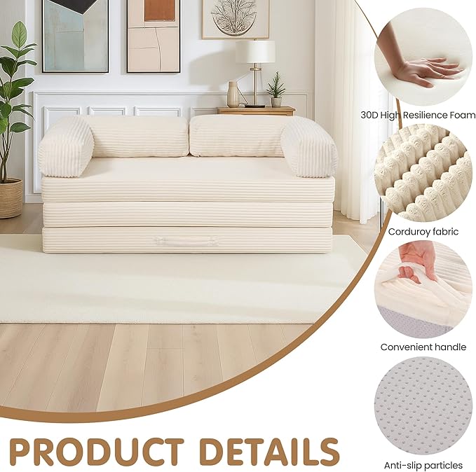 Convertible Sofa Bed Full,5-in-1 Folding Boneless Couch Corduroy Futon Sofa Bed,Tri-Fold Mattress with Removable Armrests & Handle,Sleeper with Pull Out Bed for Small Space Living Room Bedroom
