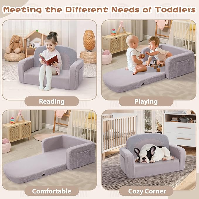Extra Wide Kids Couch, 2-in-1 Soft Toddler Couch with Blanket, Comfy Toddler Chair, Convertible Sofa with Cute Rainbow Design, Grey