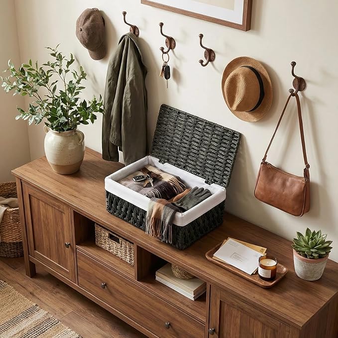 Small Woven Storage Baskets with Lids, Set of 3, Black Paper Rope Wicker Storage Bins for Bathroom Shelf, Stackable Decorative Organizer Boxes