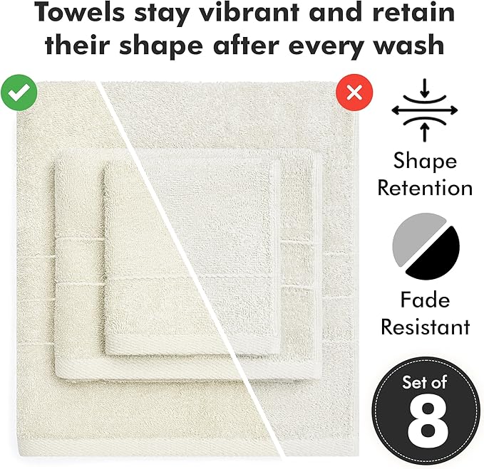 Bath Towels Set of 8 – 100% Cotton (Ivory) Bathroom Towel Set Bale Includes 2 Bath, 2 Hand, 4 Face Towels – Soft, Absorbent & Quick Dry Towel for Bathroom, Spa, Kitchen, Hotel Use