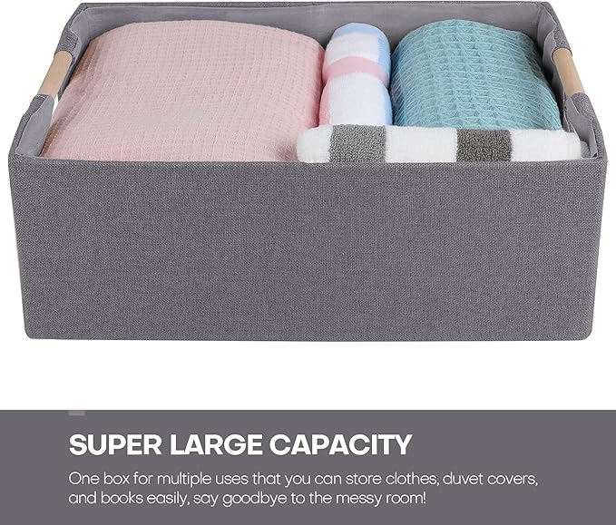 ANMINY 4PCS Storage Baskets for Organizing Collapsible Fabric Storage Bins Boxes with Wood Handles Closet Shelves Cube Organizer Bins Clothes Laundry Storage Container - Large, Gray