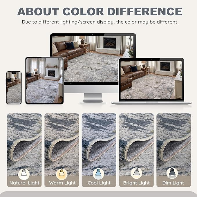 Area Rug Living Room Rugs - 7x9 Washable Large Soft Indoor Neutral Modern Abstract Low Pile Rug Carpet for Bedroom Dining Room Farmhouse Home Office - Blue/Grey/Brown