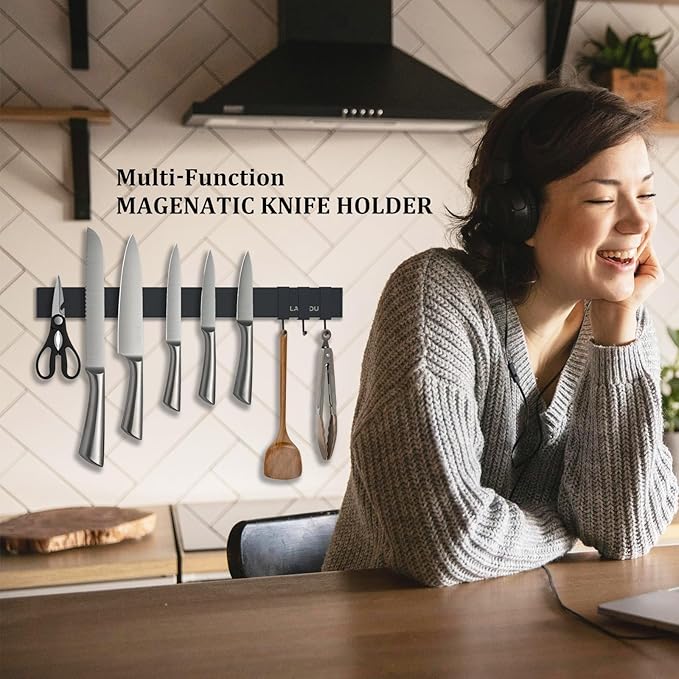 Magnetic Knife Holder for wall, 16 Inch Knife Magnetic Strip with 3 Hooks, black Knife Holder Magnet Rack for Kitchen Organizer, Mount with Adhesive or Screws