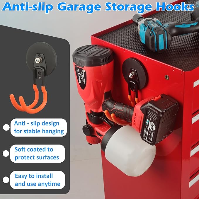 MUTUACTOR New Updated Magnetic Hooks Heavy Duty,40lbs 2Packs Strong Magnetic Hooks for Hanging,Anti-Scratch Rubber Coated Magnets J-Hook for Organizing Heavy Impact Drivers Trailer Cord Garden Tools