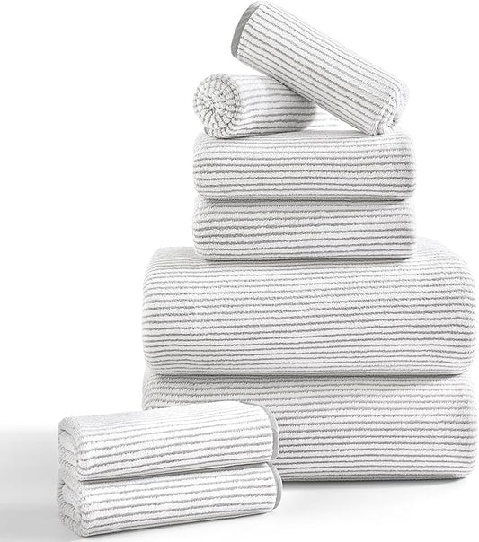 8-Piece Premium Towel Set for Bathroom|2 Oversized Large Bath Sheet,2 Hand Towels,4 Washcloths|Soft Cozy Highly Absorbent Fast Dry Microfiber Shower Towel Set for Hotel Bathroom Essentials,Beige White