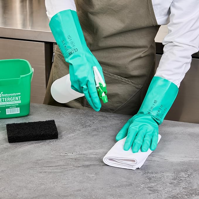 Clean Tek Professional 15 Mil Medium Cleaning Gloves, 1 Pair Of Long Cuff Gloves - Flock Lining, No-Powder, Green Nitrile Chemical Tolerant Gloves, No-Latex, Heavy-Duty Tasks