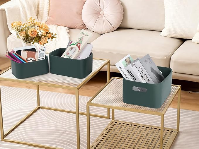 HofferRuffer Faux Leather Storage Baskets Bins with Velvet Lining for Organizing, Storage, Gifts, Set of 3 Nesting Shelf Baskets Decorative Storage Boxes for Home Organization (Green)