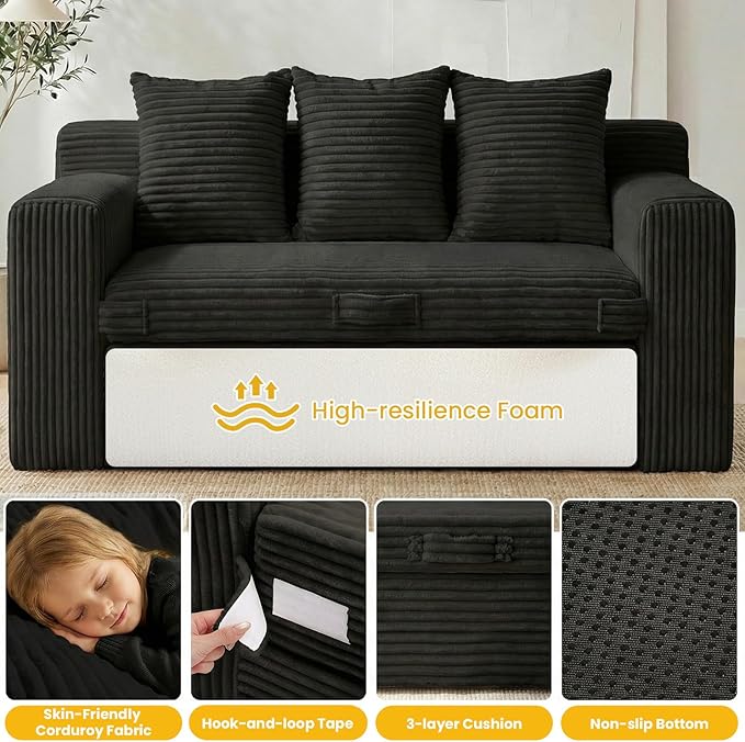 Boneless Couch Sleeper Sofa Bed: 3-in-1 Convertible Sofa Bed with Side Pockets & Handle,Pull Out Couch with 3 Pillows,Folding Futon for Small Space,Living Room & Bedroom