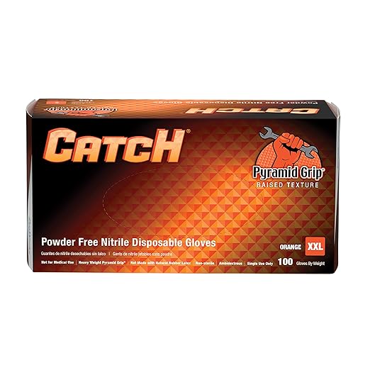 Adenna ProWorks CATCH Disposable Nitrile Gloves – 9 Mil, Heavy Duty Work Rubber Glove with Raised Pyramid Grip, Non–Latex & Powder Free, Pack of 90, 2X–Large, Orange