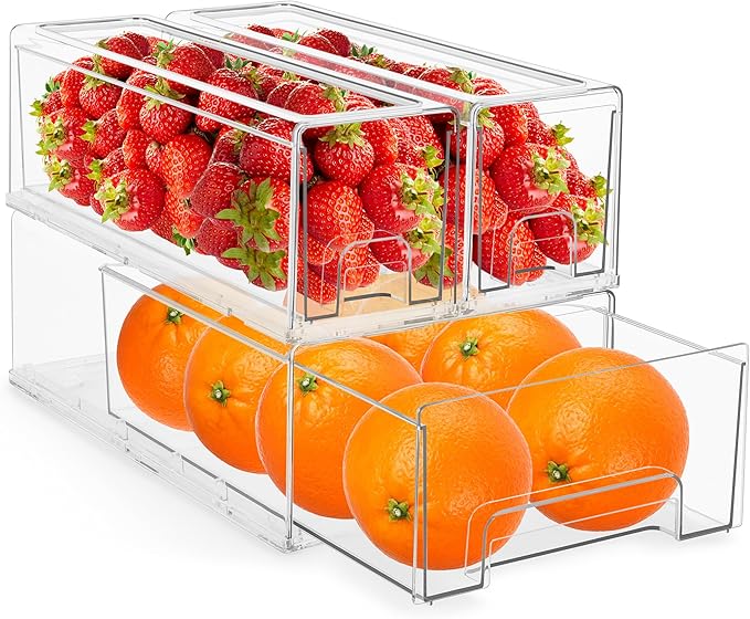 Sorbus Fridge Drawers - Clear Stackable Pull Out Refrigerator Organizer Bins - Food Storage Containers for Kitchen, Freezer, Vanity & Fridge (3 Pack | 1 Medium, 2 Small Stackable Drawer Bins)