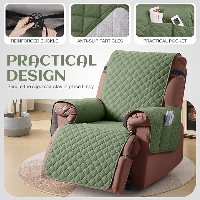 KinCam 100% Waterproof Recliner Chair Cover, Reclining Couch Covers for Pets, Dogs, Recliner Couch Slipcover Furniture Protector with Elastic Straps for Kids(30", Cactus Green)