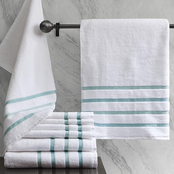 Comfort Spaces Cotton 8 Piece Bath Towel Set Striped Ultra Soft Hotel Quality Quick Dry Absorbent Bathroom Shower Hand Face Washcloths, Multi-Sizes, Zero Twist Aqua 8 Piece