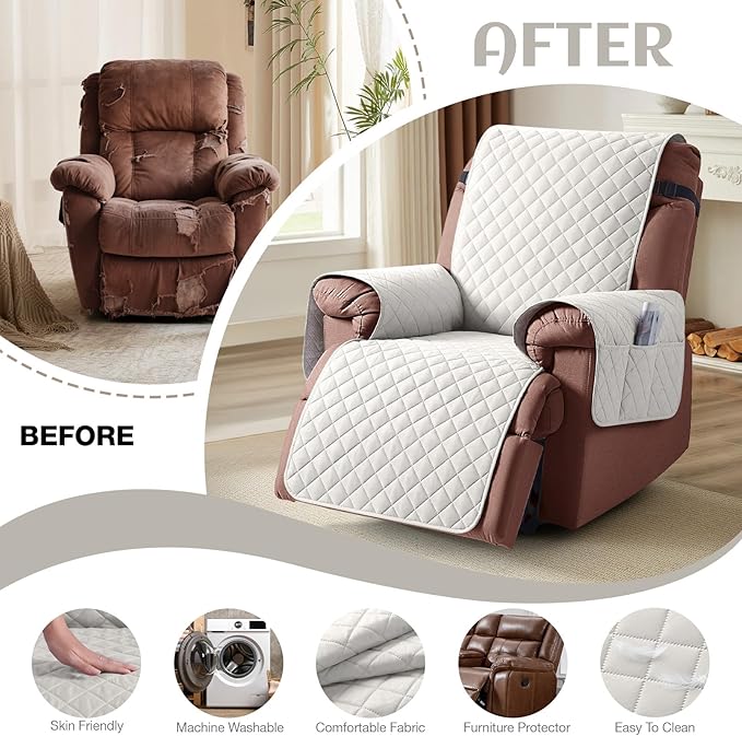 KinCam 100% Waterproof Recliner Chair Cover, Reclining Couch Covers for Pets, Dogs, Recliner Couch Slipcover Furniture Protector with Elastic Straps for Kids(28", Beige White)