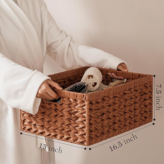Storage Baskets with Label — Wicker Pantry Baskets for Shelves, Waterproof Woven Basket for Organizing, 2-Pack Plastic Rectangle Organizers with Handles, Light Brown (16.5L×13W×7.5H)