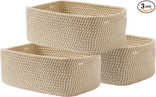 KALLAX Small Woven Basket, 13.5 x 9.5 x 5 Inches, Storage Basket for Organizing, Cute Small Rope Shelf Closet Cube Storage Bins Baskets for Shelves, Dog Toy Gift Baskets Empty, 3 Pack Brown