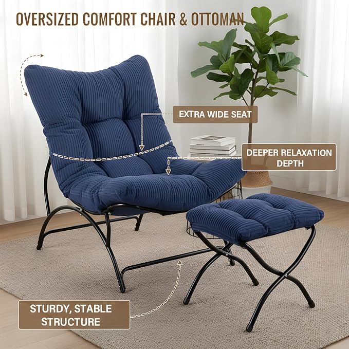 Welnow Modern Accent Chair with Ottoman, Upholstered Comfy Lounge Recliner Sofa, Thick Cushion Oversized Lazy Reading Chair with Footrest for Living Room, Bedroom, Apartment, Office, Dorm, Navy