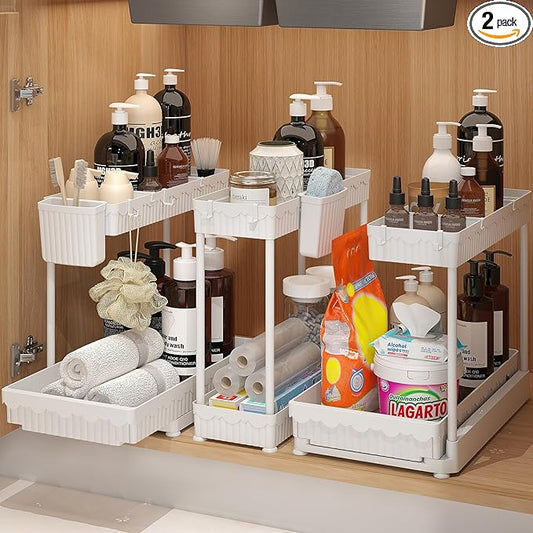 3 Pack Multi-Purpose Under Sink Organizers and Storage, 2026 L-Shaped Pull Out Cabinet Organizer for Bathroom & Kitchen, Under Cabinet Organizer with Hooks Hanging Cup (White, 14.85 inch)