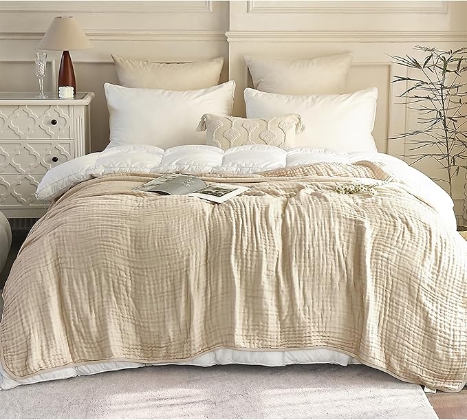 SANACYNA Queen Size Muslin Blankets for Adults 100% Cotton 6-Layer Gauze Light Tan Cooling Throw Blanket Lightweight Soft Breathable Blanket for Sofa Coverlet Both Sides (Light Tan, Queen 90" X 90")