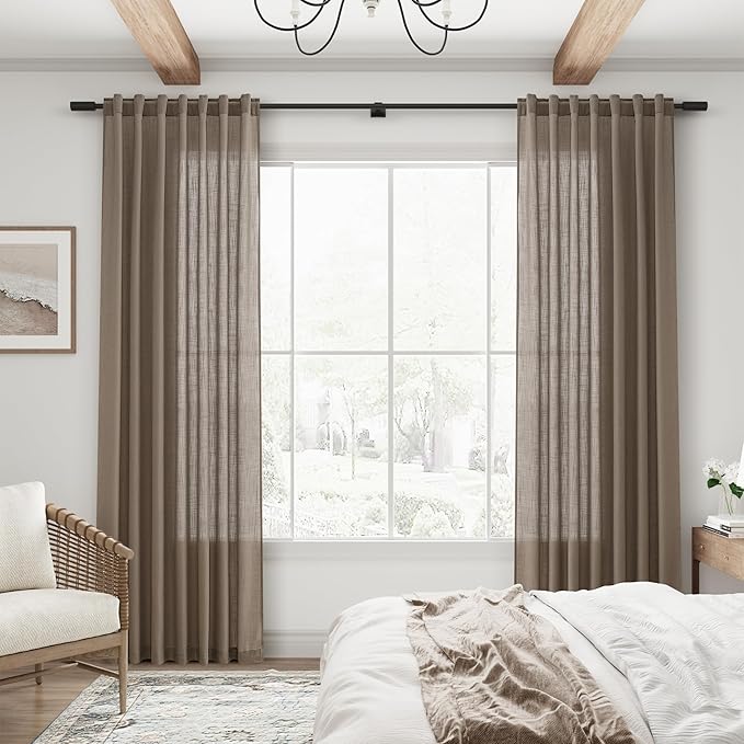 Joywell Dark Camel Back Tab Rod Pocket Linen Curtains 96 Inches Long 2 Panels for Living Room Bedroom Neutral Boho Farmhouse Rustic Light Filtering Semi Sheer Curtains Window Treatment 52x96