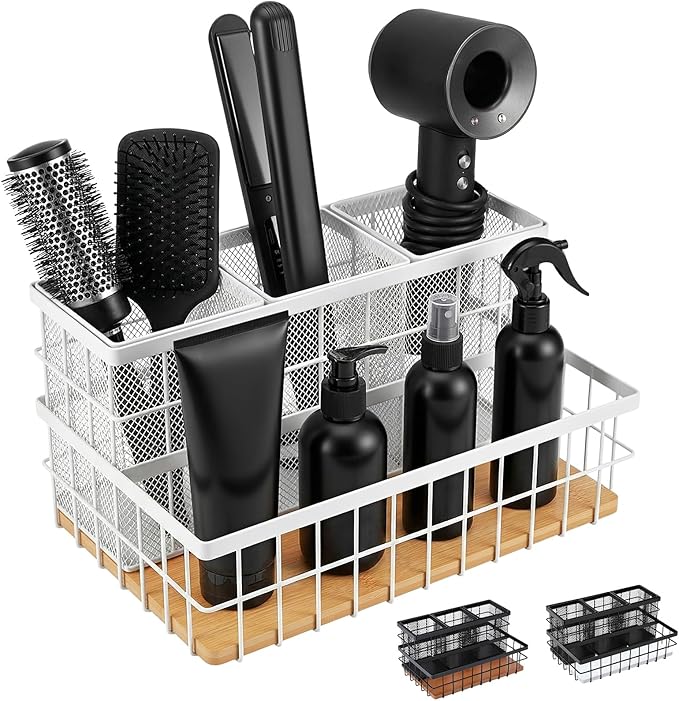 1 Pcs 1pcs Hair Tool Organizer Countertop Breathable Metal Bamboo Hot Tools Vanity Organizer Under Sink Bathroom Hair Dryer Holder Countertop Brush Comb Holder Tray (Natural Bamboo,White)