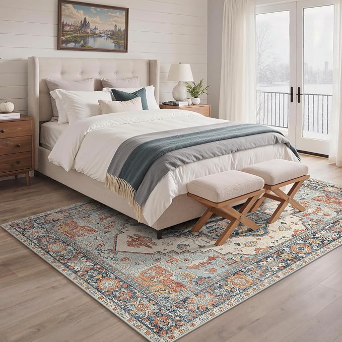 GENIMO 5x7 Area Rugs for Living Room, Machine Washable Non Slip Rugs, Low Pile Lightweight Print Rug for Bedroom, Dining Room, Home Office, Vintage Blue/Amber