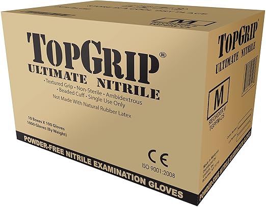 TopGrip Nitrile Exam Gloves, 6 Mil, Disposable, Powder Free, Textured, Case/1000, Medium