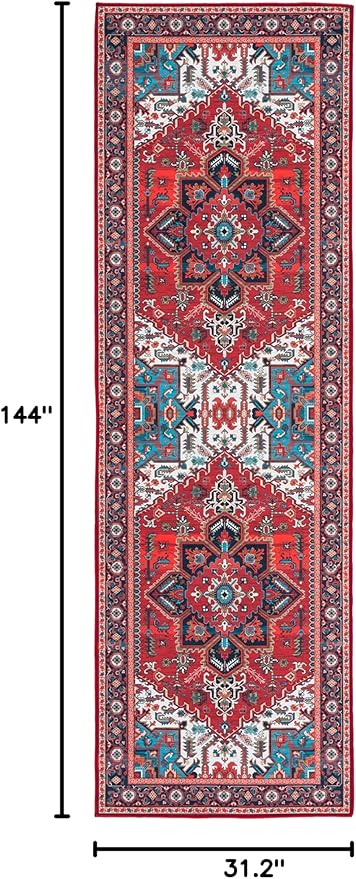 SAFAVIEH Washable Rug Tucson Collection - 2'6" x 12' Runner, Red & Blue, Slip Resistant & Easy to Clean, Ideal for Living Room, Bedroom, Dining Space (TSN101Q)