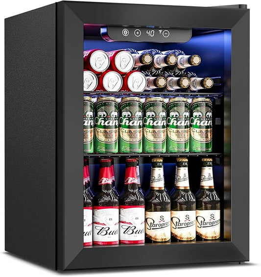 Beverage Refrigerator Cooler - 16 Bottle 68 Can Mini Fridge with Glass Door, Soda Wine Beer Drink Fridge - Small Refrigerator for Office Home Bedroom Dorm Bar, 1.7 Cu.Ft, Black