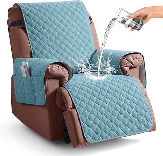 KinCam 100% Waterproof Recliner Chair Cover, Reclining Couch Covers for Pets, Dogs, Recliner Couch Slipcover Furniture Protector with Elastic Straps for Kids(23.6", Light Blue)