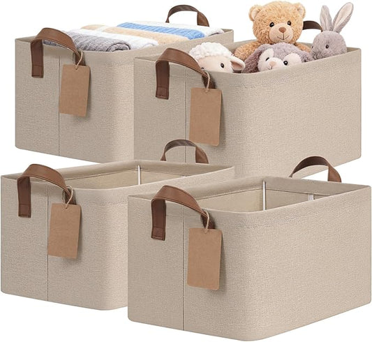4 Pack Storage Baskets for Shelves, Foldable Closet Organizer Bins with Handles, Toy Storage Basket for Nursery Living Room, 14.8" x 10.3" x 8.3", Brown