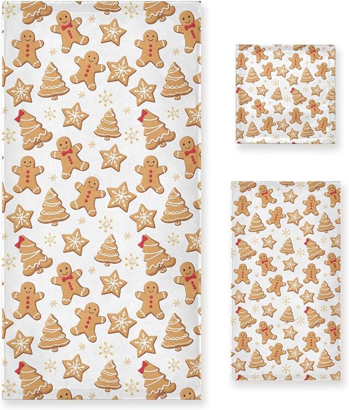 Gingerbread Man Towels Set of 3 Christmas Winter Bathroom Towel Soft Absorbent Bath Hand Towels Washcloth Guest Towel Sets Xmas Holiday Bathroom Decorations