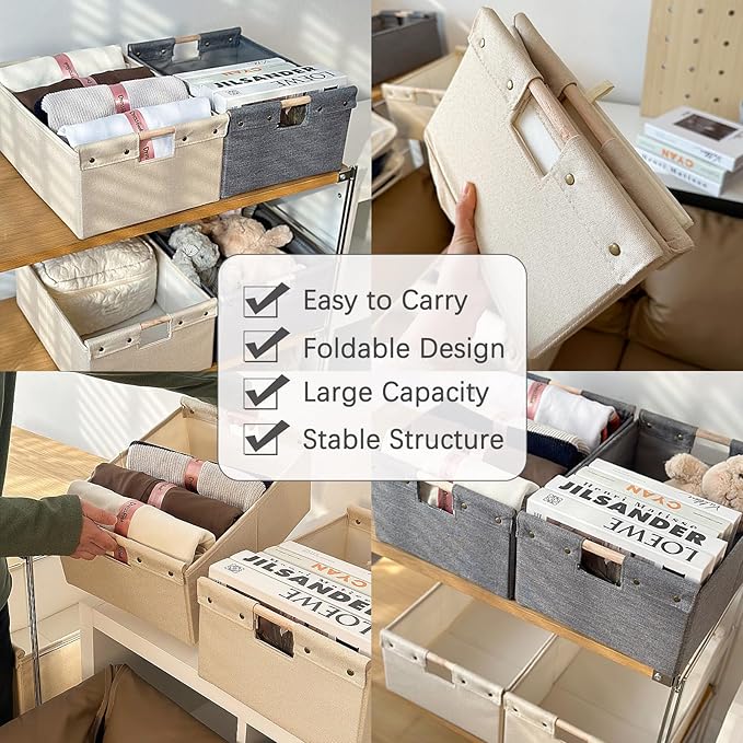 2PCS Storage Bins Cotton Linen Fabric Storage Boxes Basket with Wooden Handles Foldable Washable Decorative Shelf Container Clothes Organizer Home Laundry - Large Size, Gray