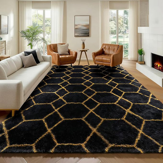 ONASAR 6x9 Area Rugs for Living Room Bedroom, Large Fluffy Black and Gold Throw Rug, Geometric Soft Plush Shaggy Fuzzy Floor Carpet for Nursery Kids Girls Boys Teen Dorm Home Office Decor