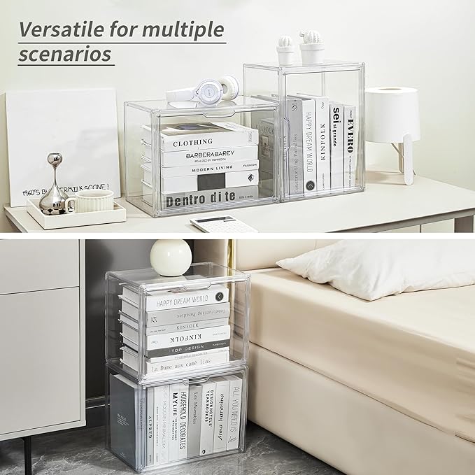 Cube Storage Organizer Acrylic Book Case Display Case Box Stackable Book Storage Containers With Magnetic Door Clear Plastic Portable Organizer For Living Room Bedroom 3 Pack