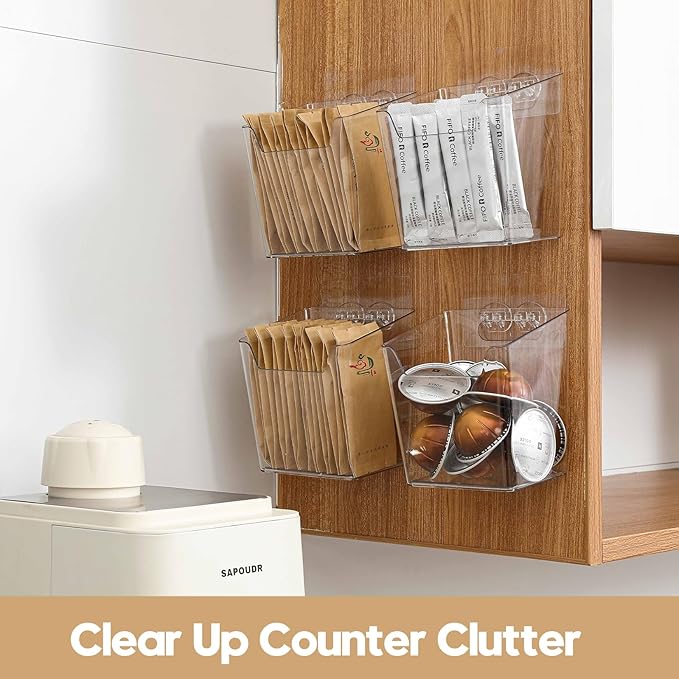 4 Pack Drink Packet Organizer, Clear Acrylic Cabinet Door Organizer Adhesive, Wall Mount Caddy Utensil Holder Floating Bin for Tea Bag Kcup Storage, Sewing Tools, Laundry Pods, Small Cleaning Supply