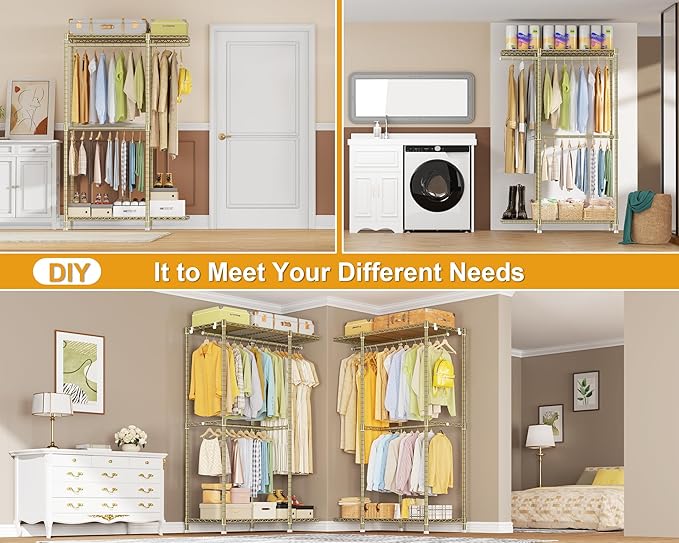 E14 Pro Heavy Duty Clothes Rack，Freestanding Clothing Racks for Hanging Clothes，Adjustable Closet Organizers and Storage，Metal Garment Rack with Shelves 69"W x16"D x77"H，Max Load 960LBS，Gold