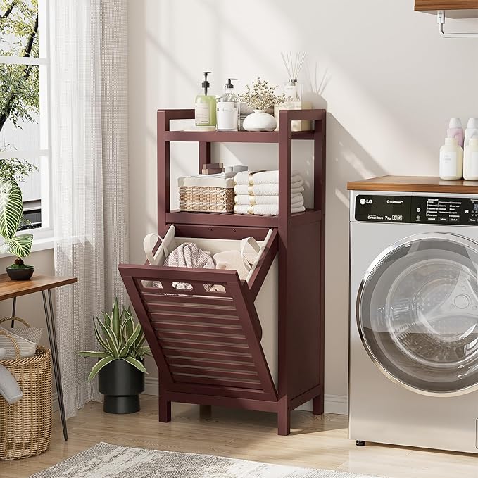 Homykic Tilt Out Laundry Hamper, 10 Gal Bamboo Laundry Storage Cabinet with Removable Basket, Hidden Hamper Organizer with Shelf for Dirty Clothes, Bathroom, Laundry Room, Space Saving, Espresso
