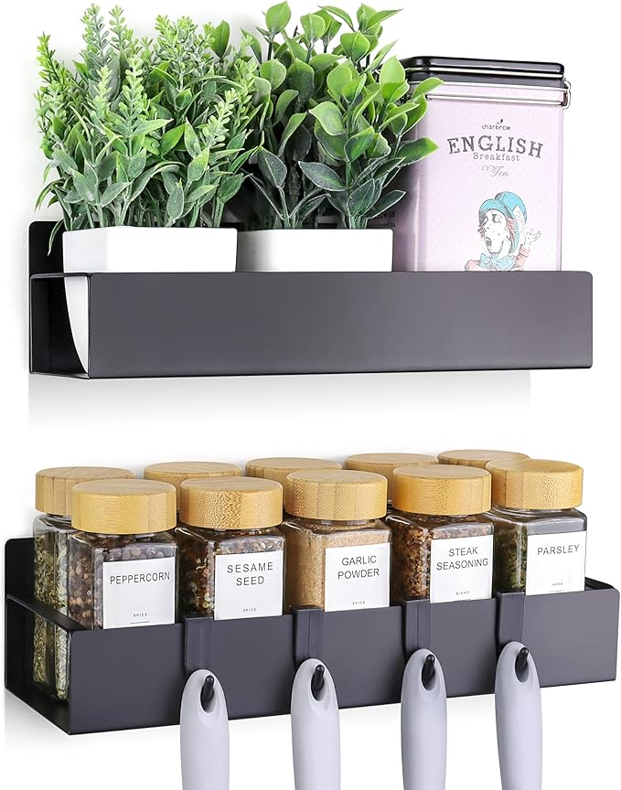 Magnetic Spice Rack for Refrigerator - Strong Magnetized Shelf for Fridge Storage - 2 Pack with Bonus Storage Cups and 4 Moveable Hooks - Versatile Space-Saving Kitchen Organizer Shelves