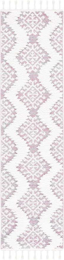 SAFAVIEH Moroccan Tassel Shag Collection Runner Rug - 2'3" x 8', Pink & Ivory, Rustic Trellis, Non-Shedding & Easy Care, 2-inch Thick Ideal for High Traffic Areas in Living Room, Bedroom (MTS652U)