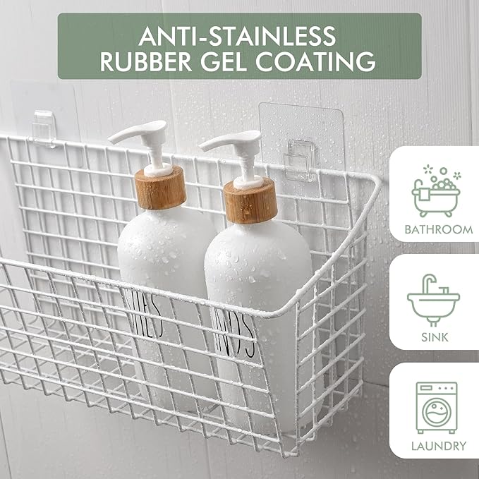 Large Wall Hanging Baskets - 2 Set Rustproof Rubber Coating Wall Shelving Organizers - Metal Wire Basket Storage No Drill Adhesive Wall Mount for Shower Kitchen Laundry Pantry Cabinet RV (White)