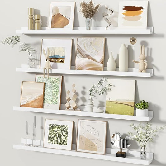Fun Memories Picture Ledge Shelves Set of 4, 36 Inch Rustic Wall Mounted Floating Shelves with Lip for Home Storage and Décor in Bathroom, Kitchen, Nursery, Bedroom, Living Room, White