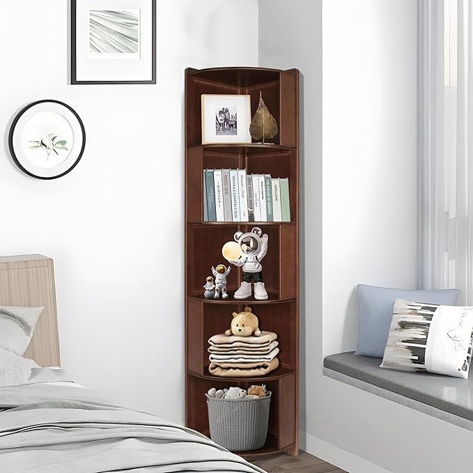 DOUSY-5 Tier Bamboo Corner Shelf, Mid Century Modern Corner Bookshelf, 69" Tall Stylish Bookcase Display Rack Plant Stand for Living Room, Bedroom, Home Office, Kitchen, Walnut