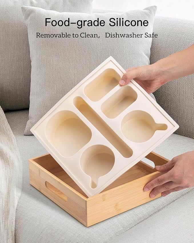 Couch Cup Holder with Lid, Silicone Bed Caddy with Cup Holder, Bed Organizer for Drinks, Snacks, Remotes, Bamboo Couch Caddy for Sofa, Bed and Car(Beige)