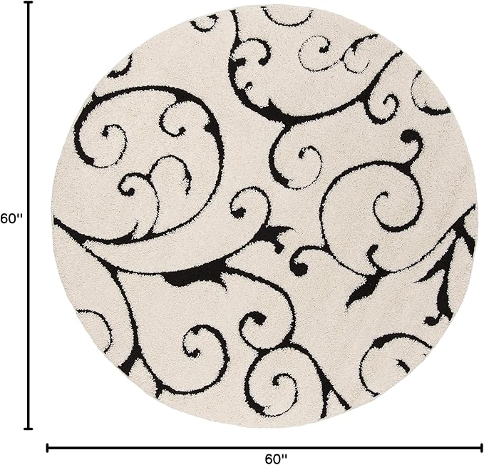 SAFAVIEH Florida Shag Collection Area Rug - 5' Round, Ivory & Black, Scroll Design, Non-Shedding & Easy to Clean, High-Low Plush Pile, Ideal for Living Room, Bedroom, Dining Space (SG455-1290)