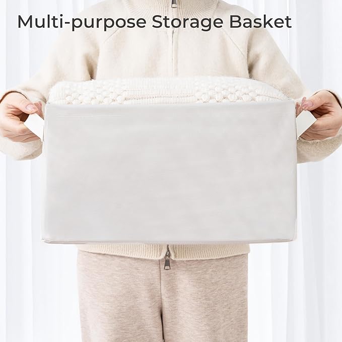 Storage Basket Bins with Metal Frame, Large Collapsible Fabric Storage Baskets for Towels, Laundry, Office, Home, 4-Pack, Beige