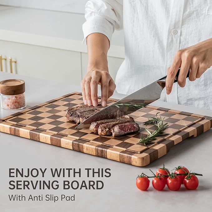 Cutting Boards for Kitchen, Design in USA Large Acacia Wood Chopping Board, Checkered Cutting Board with Juice Grooves & Handles, Butcher Block Serving Tray with Gift Box 16.5" x 11.6" x 0.8"