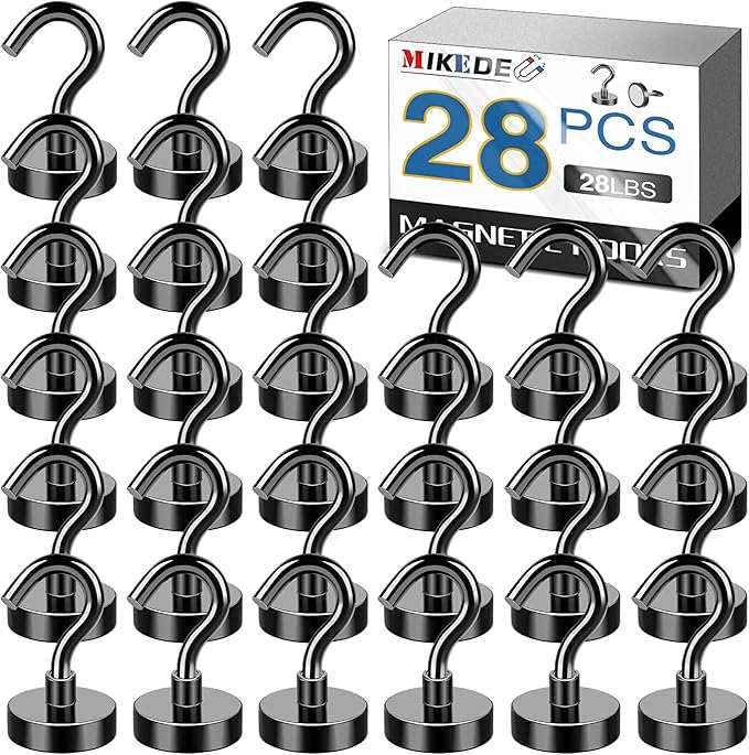 MIKEDE Magnetic Hooks Heavy Duty, 30Lb Strong Rare Earth Neodymium Magnets with Hooks for Hanging, Magnetic Hanger Cruise Hooks for Kitchen, Home, Workplace, Office and Garage, Pack of 28