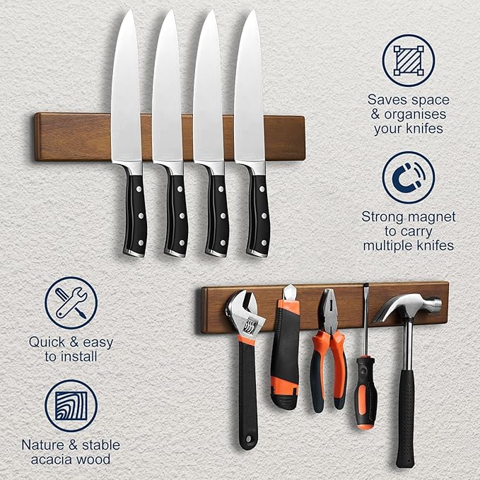 ENOKING 16 Inch Strong Magnetic Knife Holder for Wall, Solid Acacia Wood Knife Bar with 4 Hooks, 3-Way Installation: No-Drill Wall Mount, Screw Mount, & Refrigerator Slip-Proof Magnet Strip